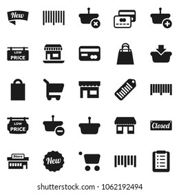 Flat vector icon set - office vector, barcode, low price signboard, credit card, new, closed, shopping bag, store, mall, basket, cart, list