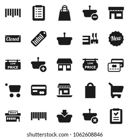 Flat vector icon set - office vector, barcode, low price signboard, credit card, new, closed, shopping bag, store, mall, basket, cart, list