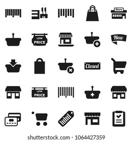 Flat vector icon set - office vector, barcode, low price signboard, credit card, new, closed, shopping bag, store, mall, basket, cart, list