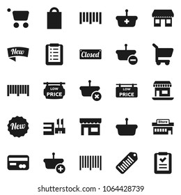 Flat vector icon set - office vector, barcode, low price signboard, credit card, new, closed, shopping bag, store, mall, basket, cart, list