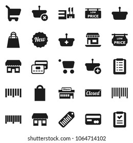 Flat vector icon set - office vector, barcode, low price signboard, credit card, new, closed, shopping bag, store, mall, basket, cart, list