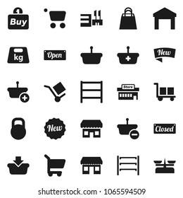 Flat vector icon set - office vector, cargo, warehouse, weight, shelving, new, open, closed, shopping bag, store, mall, buy, basket, cart, scales