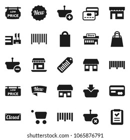Flat vector icon set - office vector, barcode, low price signboard, credit card, new, closed, shopping bag, store, mall, basket, cart, list