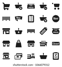 Flat vector icon set - office vector, barcode, low price signboard, credit card, new, closed, shopping bag, store, mall, basket, cart, list