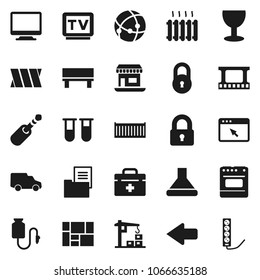 Flat vector icon set - office vector, sea container, car, consolidated cargo, glass, film frame, tv, jack, doctor bag, vial, bandage, drop counter, connection, browser, bench, arrow, lock, heating