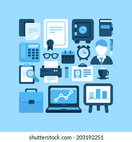 Flat vector icon set office and business symbols, finance and business design elements and supplies