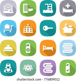 flat vector icon set - office vector, hotel, pool, hospital, baggage trolley, key, reception, service bell, do not distrub, bed, towel, cleaner, outsource, please clean