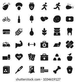 Flat vector icon set - oil vector, double boiler, cereal, mushroom, potato, chicken leg, apple fruit, barbell, heart pulse, bike, muscule hand, fitness mat, cereals, breads, first aid kit, bone, run