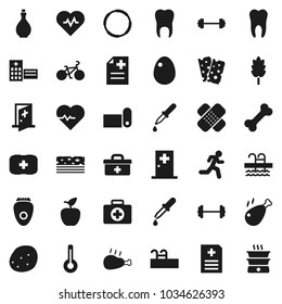 Flat vector icon set - oil vector, cereal, egg, potato, chicken leg, apple fruit, barbell, heart pulse, bike, fitness mat, breads, pool, first aid kit, bone, hoop, run, doctor bag, thermometer