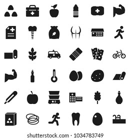 Flat vector icon set - oil vector, double boiler, cereal, egg, potato, apple fruit, diet, bike, muscule hand, buttocks, water bottle, fitness mat, cereals, breads, first aid kit, hoop, run, patch