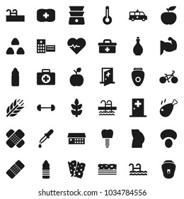 Flat vector icon set - oil vector, double boiler, cereal, mushroom, chicken leg, apple fruit, diet, barbell, heart pulse, bike, muscule hand, buttocks, water bottle, cereals, breads, pool, dropper