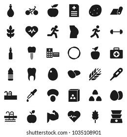 Flat vector icon set - oil vector, cereal, egg, mushroom, potato, apple fruit, diet, barbell, heart pulse, bike, muscule hand, buttocks, water bottle, fitness mat, cereals, pool, first aid kit, hoop
