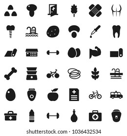 Flat vector icon set - oil vector, double boiler, cereal, egg, mushroom, potato, diet, barbell, bike, muscule hand, buttocks, water bottle, fitness mat, cereals, pool, first aid kit, bone, hoop
