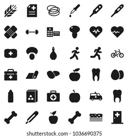 Flat vector icon set - oil vector, cereal, egg, mushroom, potato, apple fruit, diet, barbell, heart pulse, bike, water bottle, fitness mat, cereals, breads, first aid kit, bone, hoop, run, dropper