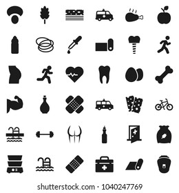 Flat vector icon set - oil vector, double boiler, cereal, egg, mushroom, chicken leg, apple fruit, barbell, heart pulse, bike, muscule hand, buttocks, water bottle, fitness mat, breads, pool, bone