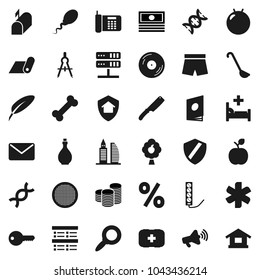 Flat vector icon set - oil vector, ladle, knife, sieve, pen, drawing compass, apple fruit, magnifier, exam, cash, coin stack, fitball, shorts, fitness mat, first aid kit, bone, disk, loudspeaker