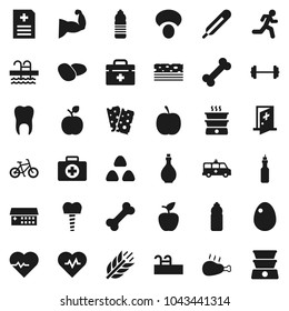 Flat vector icon set - oil vector, cereal, egg, mushroom, potato, chicken leg, apple fruit, diet, barbell, heart pulse, bike, muscule hand, water bottle, cereals, breads, pool, first aid kit, bone