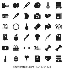 Flat vector icon set - oil vector, double boiler, cereal, egg, mushroom, potato, apple fruit, barbell, heart pulse, muscule hand, buttocks, cereals, pool, first aid kit, bone, hoop, thermometer