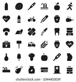 Flat vector icon set - oil vector, double boiler, cereal, mushroom, potato, chicken leg, apple fruit, diet, heart pulse, bike, buttocks, water bottle, fitness mat, cereals, pool, run, doctor bag