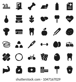 Flat vector icon set - oil vector, double boiler, cereal, egg, mushroom, potato, apple fruit, barbell, heart pulse, bike, muscule hand, water bottle, fitness mat, cereals, breads, first aid kit