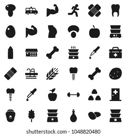 Flat vector icon set - oil vector, double boiler, cereal, egg, mushroom, potato, apple fruit, diet, barbell, muscule hand, buttocks, water bottle, cereals, pool, bone, run, doctor bag, dropper