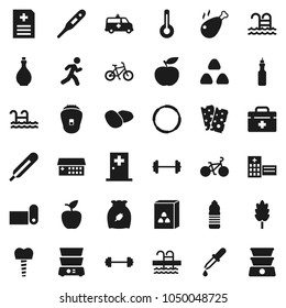 Flat vector icon set - oil vector, double boiler, cereal, potato, chicken leg, apple fruit, diet, barbell, bike, water bottle, fitness mat, breads, pool, hoop, run, doctor bag, thermometer, dropper