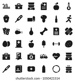 Flat vector icon set - oil vector, double boiler, cereal, egg, mushroom, potato, chicken leg, apple fruit, barbell, heart pulse, water bottle, fitness mat, breads, first aid kit, bone, hoop, run