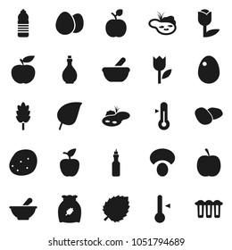 Flat vector icon set - oil vector, thermometer, cereal, egg, mushroom, potato, apple fruit, leaf, diet, water bottle, tulip, mortar, pond, filter