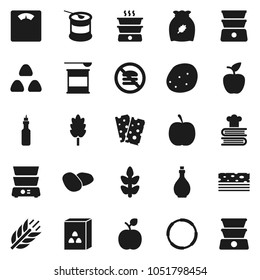 Flat vector icon set - oil vector, double boiler, cookbook, cereal, potato, apple fruit, diet, scales, sports nutrition, cereals, breads, no fastfood, hoop