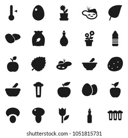 Flat vector icon set - oil vector, thermometer, cereal, egg, mushroom, potato, apple fruit, leaf, diet, water bottle, tulip, mortar, pond, flower in pot, filter