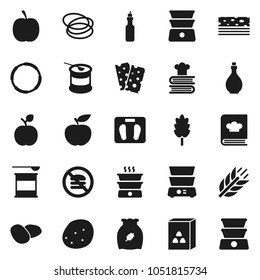 Flat vector icon set - oil vector, double boiler, cookbook, cereal, potato, apple fruit, diet, scales, sports nutrition, cereals, breads, no fastfood, hoop
