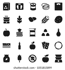 Flat vector icon set - oil vector, cookbook, cereal, potato, apple fruit, diet, scales, sports nutrition, cereals, breads, no fastfood, hoop, double boiler