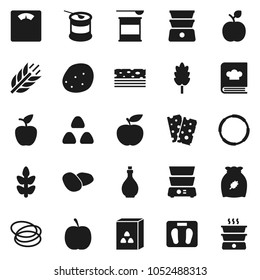Flat vector icon set - oil vector, double boiler, cookbook, cereal, potato, apple fruit, diet, scales, sports nutrition, cereals, breads, hoop