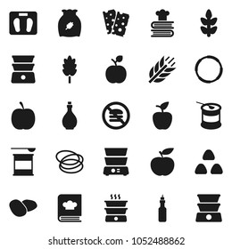 Flat vector icon set - oil vector, double boiler, cookbook, cereal, potato, apple fruit, diet, scales, sports nutrition, cereals, breads, no fastfood, hoop