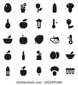 Flat vector icon set - oil vector, thermometer, cereal, egg, mushroom, apple fruit, leaf, diet, water bottle, tulip, mortar, pond, flower in pot, filter