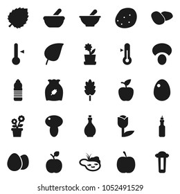 Flat vector icon set - oil vector, thermometer, cereal, egg, mushroom, potato, apple fruit, leaf, diet, water bottle, tulip, mortar, pond, flower in pot, filter