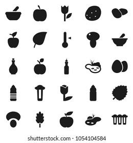 Flat vector icon set - oil vector, thermometer, cereal, egg, mushroom, potato, apple fruit, leaf, diet, water bottle, tulip, mortar, pond, filter
