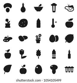 Flat vector icon set - oil vector, thermometer, cereal, egg, mushroom, potato, apple fruit, leaf, diet, water bottle, tulip, mortar, pond, flower in pot, filter