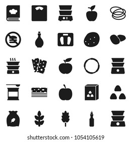 Flat vector icon set - oil vector, double boiler, cookbook, cereal, potato, apple fruit, diet, scales, sports nutrition, cereals, breads, no fastfood, hoop