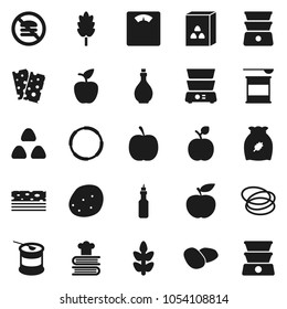Flat vector icon set - oil vector, double boiler, cookbook, cereal, potato, apple fruit, diet, scales, sports nutrition, cereals, breads, no fastfood, hoop
