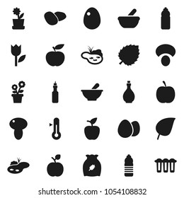 Flat vector icon set - oil vector, thermometer, cereal, egg, mushroom, potato, apple fruit, leaf, diet, water bottle, tulip, mortar, pond, flower in pot, filter