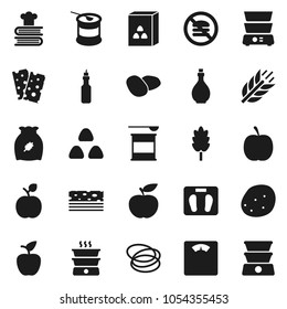 Flat vector icon set - oil vector, double boiler, cookbook, cereal, potato, apple fruit, diet, scales, sports nutrition, cereals, breads, no fastfood, hoop