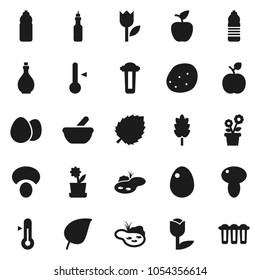 Flat vector icon set - oil vector, thermometer, cereal, egg, mushroom, potato, apple fruit, leaf, water bottle, tulip, mortar, pond, flower in pot, filter