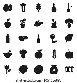 Flat vector icon set - oil vector, thermometer, cereal, egg, mushroom, potato, apple fruit, leaf, diet, water bottle, tulip, mortar, pond, flower in pot, filter