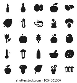 Flat vector icon set - oil vector, thermometer, cereal, egg, mushroom, potato, apple fruit, leaf, diet, water bottle, tulip, mortar, pond, flower in pot, filter
