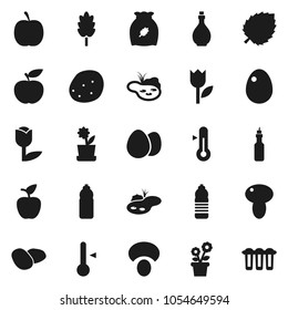Flat vector icon set - oil vector, thermometer, cereal, egg, mushroom, potato, apple fruit, leaf, diet, water bottle, tulip, pond, flower in pot, filter