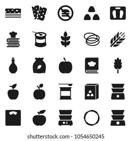 Flat vector icon set - oil vector, double boiler, cookbook, cereal, apple fruit, diet, scales, sports nutrition, cereals, breads, no fastfood, hoop