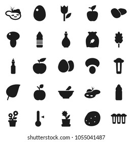 Flat vector icon set - oil vector, thermometer, cereal, egg, mushroom, potato, apple fruit, leaf, diet, water bottle, tulip, mortar, pond, flower in pot, filter