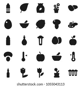 Flat vector icon set - oil vector, thermometer, cereal, egg, mushroom, potato, apple fruit, leaf, diet, water bottle, tulip, mortar, pond, flower in pot, filter