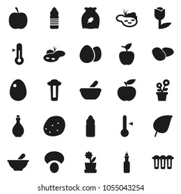 Flat vector icon set - oil vector, thermometer, cereal, egg, mushroom, potato, apple fruit, leaf, diet, water bottle, tulip, mortar, pond, flower in pot, filter